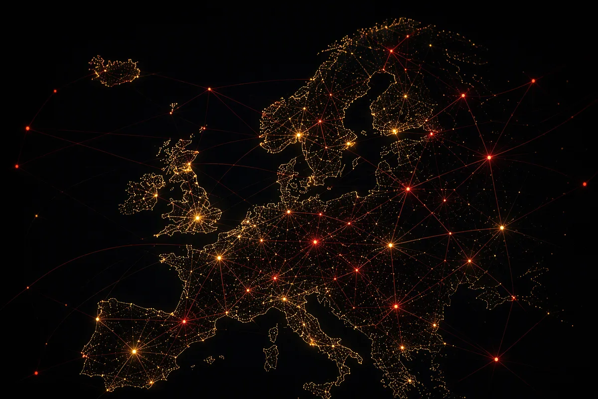 Map of Europe with connected glowing network nodes